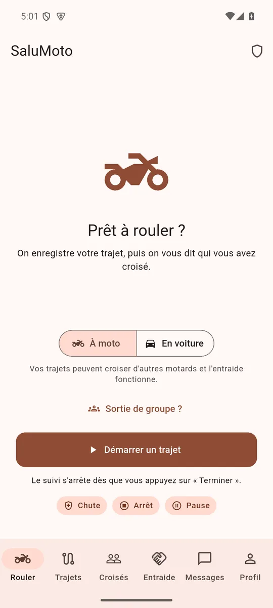 L’écran d’accueil de SaluMoto, prêt à démarrer un trajet.