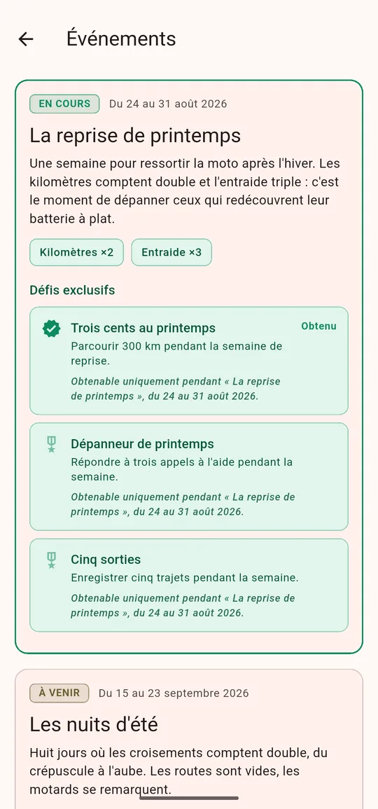 Un événement en cours : sa bannière, ses dates, le multiplicateur de points et la liste de ses défis.