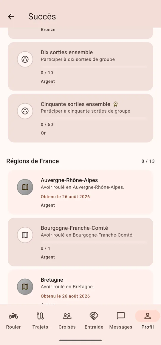 La rubrique « Régions de France », 8 sur 13 : l’Auvergne-Rhône-Alpes et la Bretagne obtenues le 26 août 2026, la Bourgogne-Franche-Comté encore à zéro.